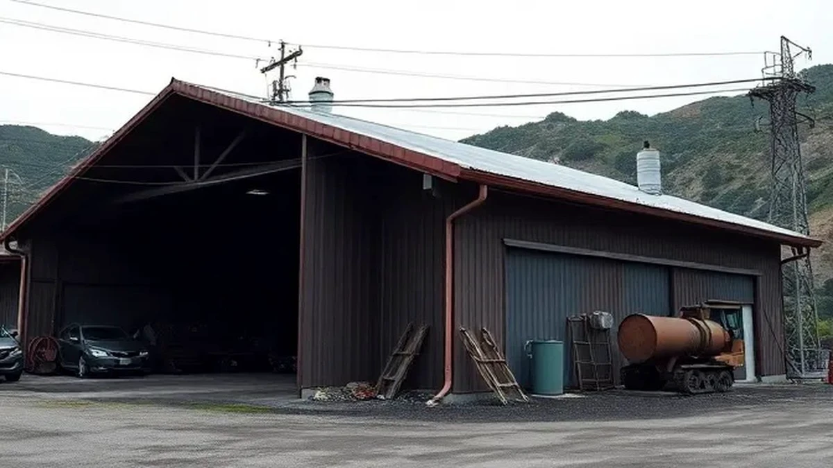 over-the-shoulder view of a wide shot of a small mining shed with power lines and ventilation, photorealistic