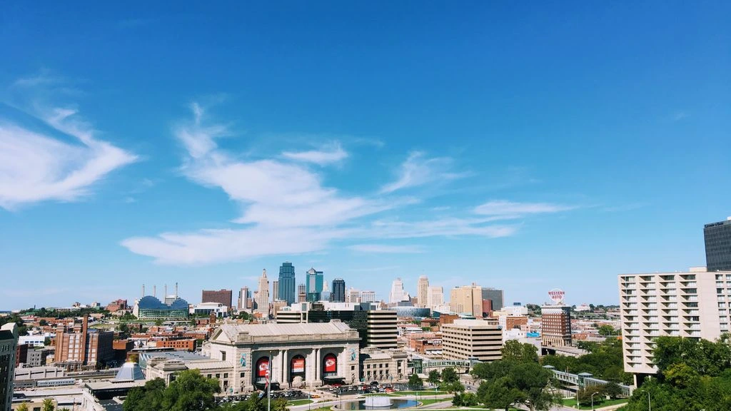 Downtown Kansas City skyline at sunrise from the Crossroads